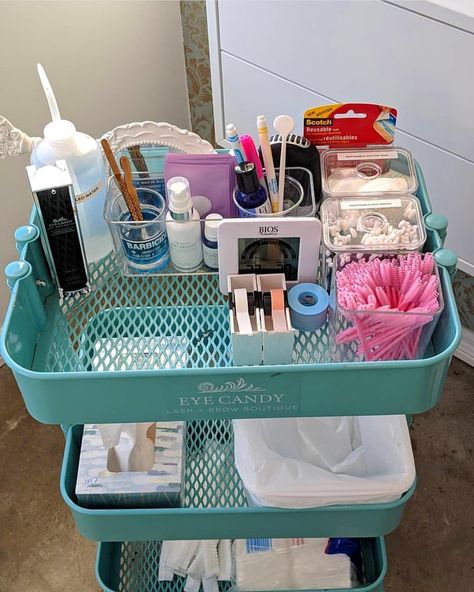 Lash Cart Setup 💕 by @eyecandy.lashboutique Cart Organization Ideas, Lash Cart, Cart Organization, Lash Room Ideas, Eyelash Studio, Eyelash Extensions Salons, Permanent Eyelashes, Home Beauty Salon, Eyelash Salon