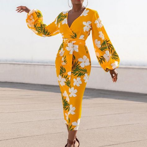 Yellow Printed Dress, African Ladies, Lantern Sleeve Dress, High Waist Dress, Printed Bodycon Dress, Woman Silhouette, Yellow Print, 45 Years, Lantern Sleeve