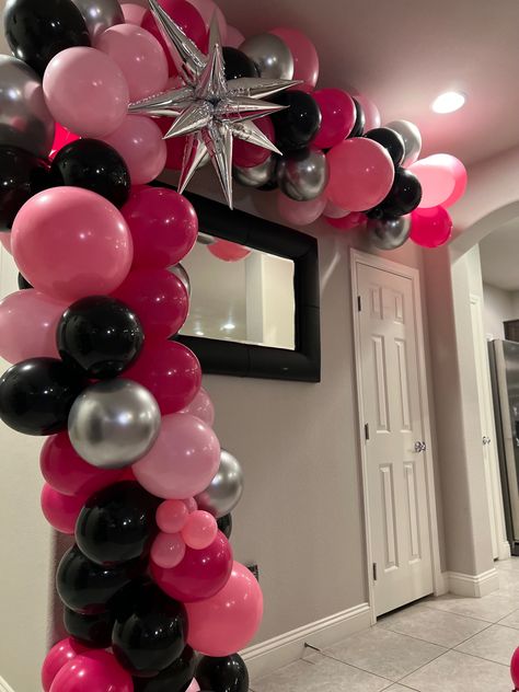 Pink Black And White Decorations, Pink And Black Disco Party, Pink Prom Send Off Decorations, 13 Birthday Party Themes, Black And Pink Decorations, Pink Vs Black Aesthetic, Black Silver Pink Party, Black Silver And Pink Birthday Party, Pink Silver Black Party Decorations