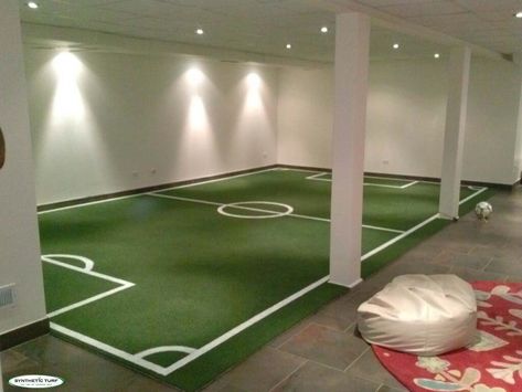 Soccer - Chicago Synthetic Turf | Artificial Turf | Putting Greens | Synthetic Turf Of Illinois Home Soccer Field Indoor, Turf In Basement, Indoor Soccer Field In House, Basement Soccer Field, Soccer Basement, Soccer Garage, Basement For Kids, Baseball Basement, Soccer Themed Bedroom