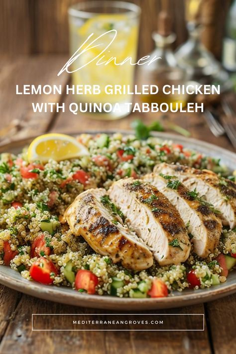 Lemon Herb Grilled Chicken with Quinoa Tabbouleh Mediterranean Chicken And Quinoa, Lemon Chicken Quinoa, Grilled Lemon Herb Chicken, Chicken With Quinoa, Herb Chicken Recipes, Chicken And Quinoa, Mediterranean Dinner, Inflammation Recipes, Grilled Lemon