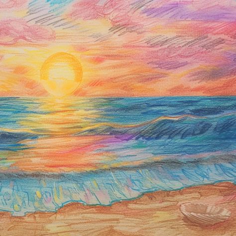 🎨✨ Embrace the magic of February's daily drawing challenge! 🌅 Today's prompt: a magical sunset. 🏖️ Dive into the beauty of a beach sunset, captured in crayon with a whimsical seashell on the shore. 🐚💖 #DrawingChallenge #LoveAndMagic #ArtistsOfInstagram #DailyDrawing #MagicalSunset #BeachArt #CrayonArt #CreativeInspiration #ArtisticExpression #FebruaryArt #ArtLovers #SeashellMagic Daily Drawing Challenge, Crayon Drawing, Magical Sunset, Crayon Drawings, Elemental Magic, Drawing Prompts, Drawing Prompt, Crayon Art, Daily Drawing