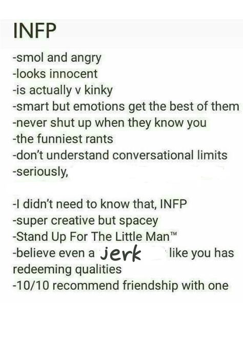 The smol and angry leading to the kink thing though makes me laugh Angry Infp, 4w5 Infp, Infp 4w5 Characters, Infp Mbti, Infp Struggles, Infp Things, Infp Problems, Infp T Personality, Infp 4w5 Meme