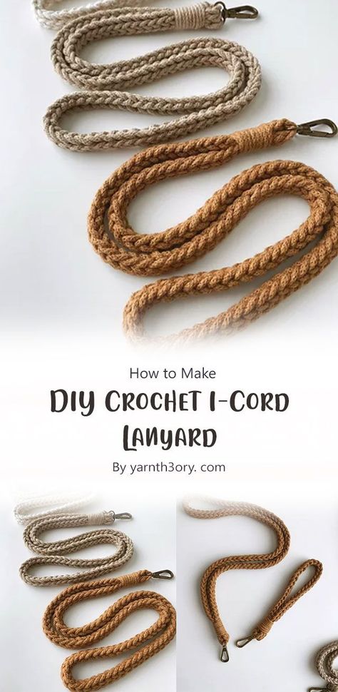 Crochet Rope Strap, Yarn Lanyard Diy, Crochet Cord For Purse, How To Crochet A Lanyard, Rope Crochet Patterns, I Cord Keychain, How To Crochet Around A Cord, How To Make A Macrame Lanyard, Crochet On The Go Bag