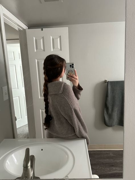 Long Hair, Brown Hair, Braid, Hair Inspo Low French Braid, Braid Selfie, Hair French, French Girl Aesthetic, Loose Braids, French Braid, Dark Brown Hair, Loose Hairstyles, French Girl