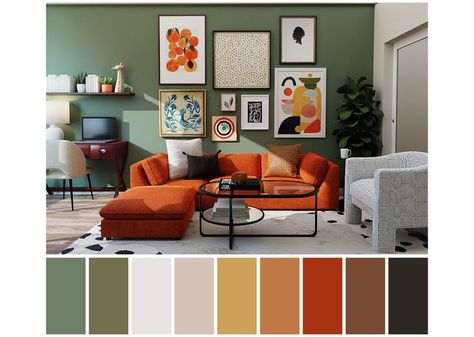 Room Colour Design, Colour Combination For Bedroom, Paint Colour Combination, Home Colour Design, Mustard Living Rooms, Living Room Decor Orange, Burnt Orange Living Room, Green Walls Living Room, Green Sofa Living