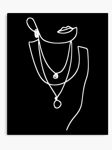 A contemporary style, one line black sketch graphic design, featuring a woman wearing long, layered necklaces. Perfect for enhancing spaces with simple, minimalistic style. Available on a wide range of clothing, home decor goods and so much more! Logo Design Ideas For Accessories, Logo For Accessories Shop, Accessories Logo Design Ideas, Logo Design Accessories, Accessories Logo Design, Long Layered Necklaces, Jewelry Logo Ideas, Moody Photos, Black Sketch