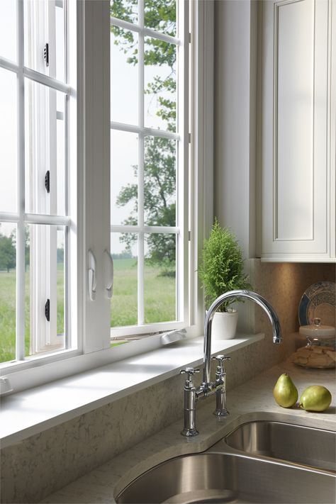 Casement windows let in the light and the air. Featured: Tuscany® Series Kitchen Casement Windows Over Sink, Deep Kitchen Window, Box Window Kitchen, Casement Windows Kitchen, Window Update, Window Over Kitchen Sink, Deep Window Sill, Window Above Sink, Windows Photo