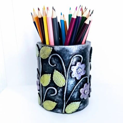 Pen Holder Clay Handmade, Pen Stand, Clay Work, Art Pens, Handmade Clay, Tin Can, Pen Holder, Pen Holders, Glass Painting