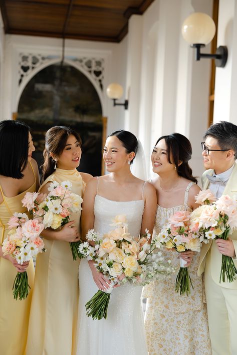 Gorgeous mismatched bridesmaids dresses in a soft yellow colour palette Yellow Mismatched Bridesmaids, Bridesmaid Colour Palette, Yellow Bridesmaid Dresses Mismatched, Yellow Bridal Party, Pale Yellow Bridesmaid Dresses, Yellow Colour Palette, Lemon Bridesmaid Dresses, Bridesmaid Color Palette, Spring Wedding Bridesmaids