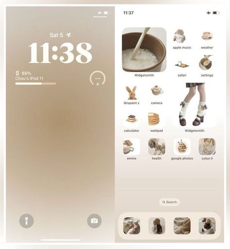 Beige Iphone Theme Ideas, Soft Homescreen Ideas, Custom Home Screen Ideas, Beige Wallpaper Layout, Ios Theme Brown, Minimalist Theme Phone, Minimalist Iphone Layout Beige, Widget Ideas Brown, Brown Ios 16 Homescreen