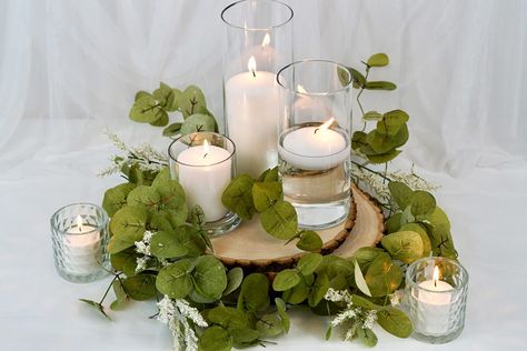 Candle and Wood Slice Centerpiece Rehearsal Decorations, Candlestick Centerpiece Wedding, Wedding Centerpieces Diy Rustic, Wood Slice Centerpieces, Dollar Tree Centerpieces, Dollar Tree Vases, Dollar Tree Wedding, Candle Sticks Wedding, Simple Wedding Centerpieces