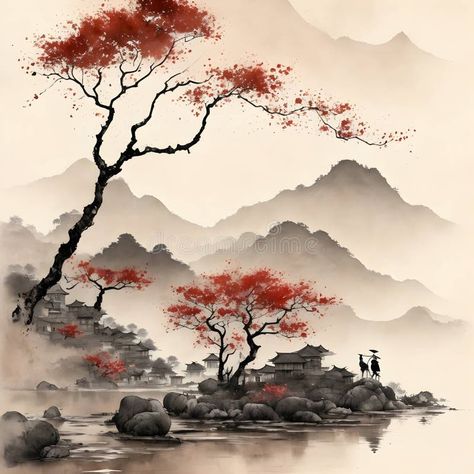 Ninja Nails, Japanese Village Painting, Ancient Japan Art, Ancient Korean Art, Chinese Watercolor Painting Landscape, Chinese Mountains Painting, Vietnam Painting, Cherry Leaf, Plum Trees