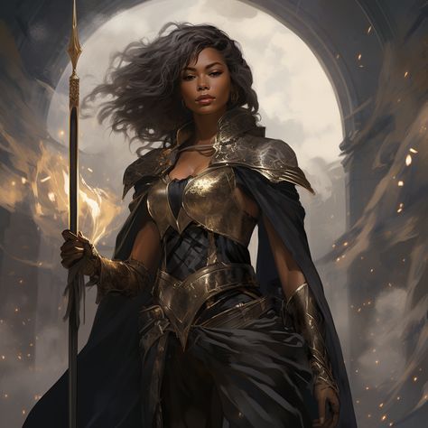 Black Female Knight Art, Egyptian Dnd Character, Black Female Warrior, Aasimar Paladin Female, Dnd Paladin, Gold Armor, Celtic Dress, Warriors Illustration, Female Armor