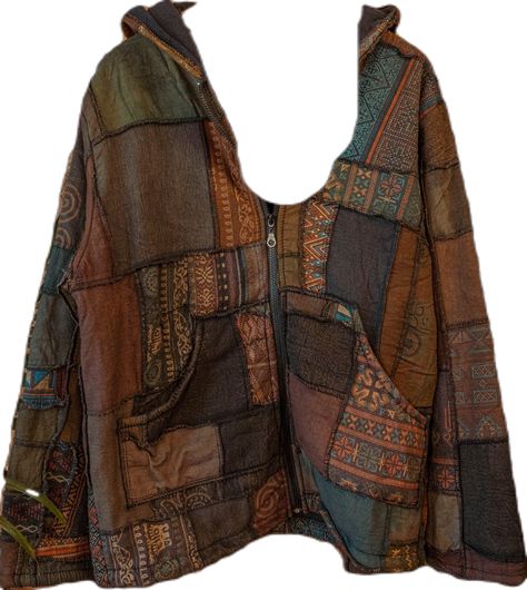 "Stunning patchwork jacket made with 100% recycled cotton outer, and 100% recycled fleece inner. Thick and cozy! Hooded with a zipper and outer pockets. Each is one-of-a-kind and will not be the exact jacket in the photos, but will be very close in color!   Fits XS-XXL Bust- 48\" Waist- 47\" Length - 29\"" Hippie Mens Outfits, Whimsigoth Jacket, Patchwork Outfit, Grunge Jacket, Hippie Hoodie, Silly Clothes, Patchwork Clothes, Color Fits, Earthy Outfits