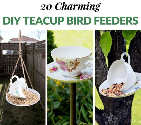 Teacup Crafts Diy, Teacup Bird Feeders, Teacup Bird Feeder Diy, Teacup Bird Feeder, Teapot Birdhouse, Floating Tea Cup, Crafts Spring, Glass Bird Feeders, Teacup Crafts