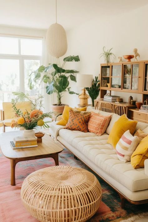 Boho Living Room Colorful, Simple Cozy Living Room, Cozy Boho Living Room Inspiration, Colorful Boho Living Room, Boho Living Rooms, Boho Living Room Decor Ideas, Sunny Living Room, Cozy Eclectic, Cozy Boho Living Room