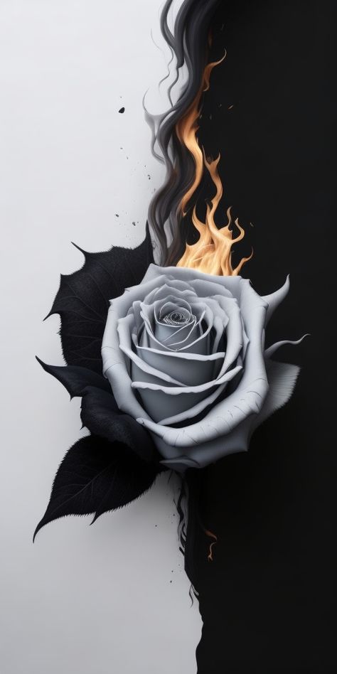 In this captivating black and white image, a graceful rose unfurls its intricate petals amidst flickering flames, creating a mesmerizing contrast between delicate beauty and fiery allure. Black Rose White Background, Black And White Roses Wallpaper, Black Rose Wallpaper, Black Rose Aesthetic, Iphone Wallpaper Dark, Black Roses Wallpaper, Look Wallpaper, Phone Wallpaper Boho, Gothic Wallpaper