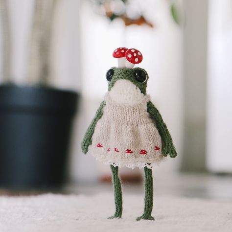 Champi says hi! 👋🏻 🍄 What do you think about this little dress? 🥹 #mushroom #mushroomart #frog #cottagecore Frog Photoshoot, Frogs In Clothes, Frog Man, Cottagecore Crochet, Funny Wholesome, Knitting Toy, Frog And Toad, Mushroom Art, Random Art