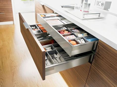 Tandem boxes are used in modular kitchens which have special sliding mechanism. They are drawers in the form of containers that are used… Deep Drawer Organization, Cutlery Drawer, Kitchen Finishes, Kitchen Cabinet Drawers, Drawer Inserts, Drawer Design, Kitchen Cabinet Doors, Drawer Dividers, Kitchen Drawers