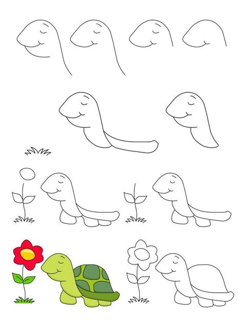 Cute Turtle Drawings, Easy Animal Drawings, Pencil Drawings For Beginners, Easy Art For Kids, Turtle Drawing, Drawing Lessons For Kids, Drawing Lesson, Pottery Painting Designs, Easy Drawings For Kids