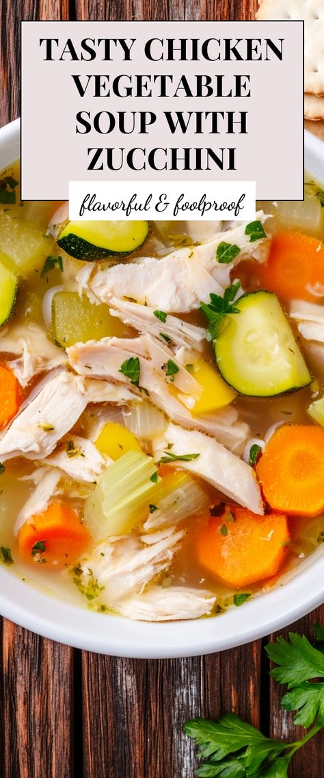 Image for Tasty Chicken Vegetable Soup with Zucchini Chicken Noodle Soup With Zucchini, Best Chicken Vegetable Soup Recipe, Zucchini In Soup, Keto Chicken Vegetable Soup Recipes, Healthy Chicken Veggie Soup, Protein Veggie Soup, Zucchini Vegetable Soup, Vegetable Soup With Chicken Broth, Lean And Green Soup Recipes