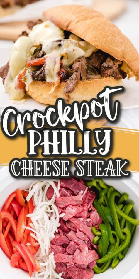 Crockpot Philly Cheesesteak, Philly Cheese Steak Crock Pot, Crockpot Steak Recipes, Philly Cheesesteak Recipe, Beef And Veggies, Crockpot Steak, Cheesesteak Recipe, Easy Crockpot Dinners, Cheese Steak