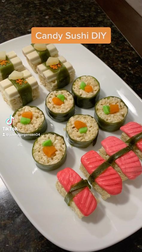 Julene Jorgensen on Instagram: “For those asking, here’s how I made my Candy Sushi for April Fools Day. I got all the “ingredients” from @wincofoods except the sprinkles.…” Sushi Candy Diy, Sushi Dessert Ideas, Candy Sushi Rolls For Kids, Library Snacks, Candy Sushi Rolls, Hibachi Party, Sushi Candy, Sushi Birthday, Sanrio Party