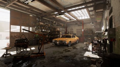 ArtStation - California Garage- Interior Day, Garrick Ho Burnout Paradise, Cinematic Shots, Vintage Mechanics, Mechanic Shop, Car Workshop, Warehouse Design, Old Garage, Mechanic Garage, Substance Designer