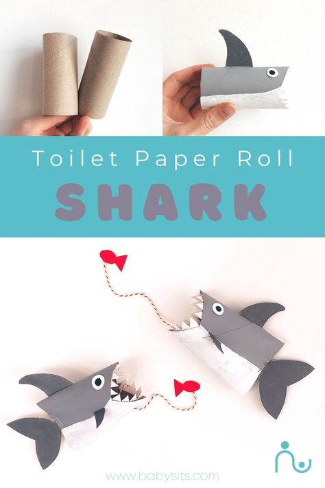 What's scarier than a great white shark? Absolutely nothing! Have fun creating these shark crafts from empty toilet paper rolls. What's better, these toilet paper crafts even double as a game! Have fun catching the fish in the shark's mouth! Create more than one and verse your friends to see who can catch the fish the fastest! #toiletpaperrollcraft #papercraft #kidscraft #sharkcraft #craftingwithkids #easycraftsforkids #funcrafts Toilet Paper Roll Crafts Under The Sea, Toilet Roll Fish, Summer Toilet Paper Roll Crafts, Toilet Paper Roll Sea Animals, Shark Toilet Paper Roll Craft, Shark Crafts For Adults, Toilet Paper Roll Fish, Toilet Paper Crafts For Kids, Fish Toilet Paper Roll