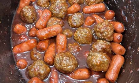 Crockpot Meatballs and Little Smokies - Easy Recipes for Everyday Cooking Crockpot Meatballs And Weenies, Little Smokies And Meatballs Crockpot, Lil Smokies And Meatballs Crock Pot, Lil Weenies Recipe, Meatballs And Little Smokies Crock Pot, Meatballs And Lil Smokies Crockpot, Meatballs And Weenies Crockpot, Lil Smokies Crock Pot, Lil Smokies Recipes