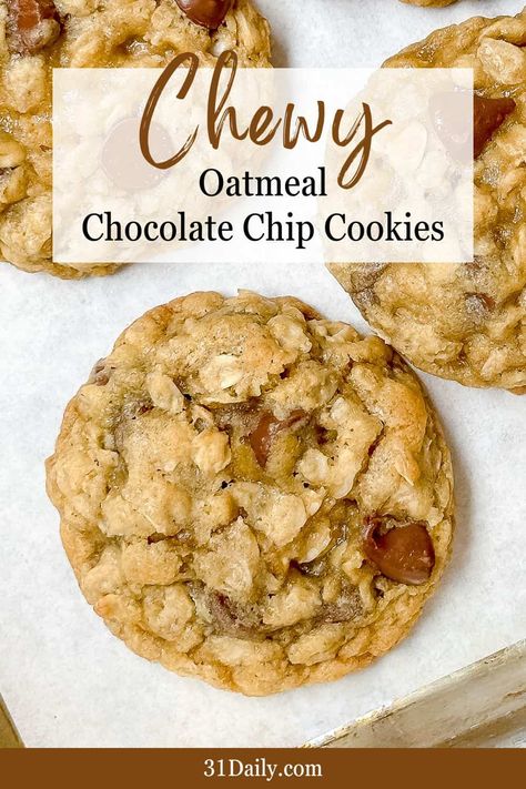 These chewy Oatmeal Chocolate Chip Cookies are softest of the soft, chewy, and deliciously perfect for cookie cravings when you can't decide between chocolate chip and oatmeal. Soft Chocolate Chip Cookies Recipe, Soft Oatmeal Cookies, Chewy Oatmeal Chocolate Chip Cookies, Oatmeal Chocolate Chip Cookie, Oatmeal Chocolate Chip Cookie Recipe, Chocolate Chip Cookies Ingredients, Oatmeal Cookies Chewy, Easy Chocolate Chip Cookies, Perfect Chocolate Chip Cookies