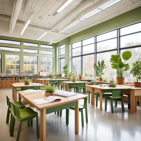 eco-friendly interiors Modern Classroom Design College, Modern School Interior Design, High School Interior Design, Classroom Interior Design, Sustainable Classroom, School Renovation, Eco Friendly Interior Design, Sustainable Schools, Communal Living