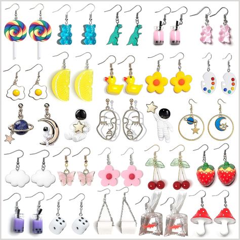 24 Pairs Weird Cute Earrings Drop Dangle Earrings for Women Girls Planet Astronaut Moon and Stars Face Dinosaur Bear Lollipop Goldfish Earrings, Earrings Dinosaur, Earrings Mushroom, Earrings Strawberry, Duck Earrings, Crazy Earrings, Weird Earrings, Dice Earrings, Strawberry Earrings