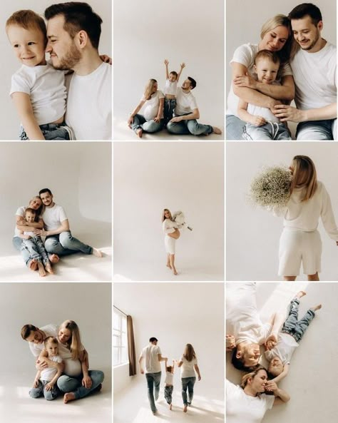 Neutral Studio Family Photoshoot, Family Studio Photography Outfits Casual, Maternity Shoot Family Of 3 Studio, Studio Pictures Family, Modern Studio Family Portraits, Studio Shoot Family, White Studio Photoshoot Family, Family In Studio Photography, Maternity Family Studio Photoshoot