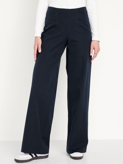 elasticized waist diagonal front pockets faux-welt back pockets sits at belly button loose hip and thigh wide leg hits below ankle 30" regular inseam 28" petite inseam 34" tall inseam models are approx.  5'9" and wear sizes s (4), l (12), and xl (18)Machine wash cold, gentle cycle, line dry.  cotton 55% spandex 9% rayon 37% Cheap Tailored High Waist Bottoms, Cheap Navy Straight Leg Bottoms, Womens Straight Leg Jeans Old Navy, Cheap High Waist Navy Pants, Affordable Wide Leg Work Pants For Office, Affordable Full-length Cotton Work Pants, Cheap High-waisted Dress Pants With Pockets, Cheap Wide Leg Work Pants, Cheap Classic Full-length Work Pants