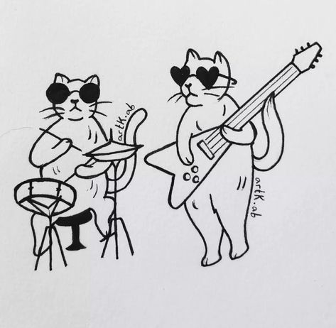 Cats Dancing Tattoo, Cat Band Drawing, Cat With Guitar Tattoo, Cage The Elephant Drawing, Animal Playing Instrument Tattoo, Cats Dancing Drawing, Animals Playing Instruments Tattoo, Cat Playing Drums Drawing, Cat With Guitar Drawing