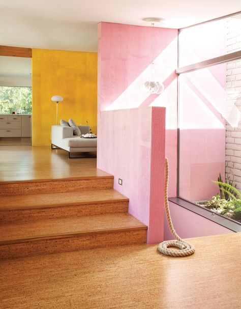 devis purdy house stairs living room / Lisa Romerin Midcentury House, Deco Rose, Cork Flooring, Yellow Walls, Design Del Prodotto, House Stairs, Pink Interior, Home Modern, Pink Walls