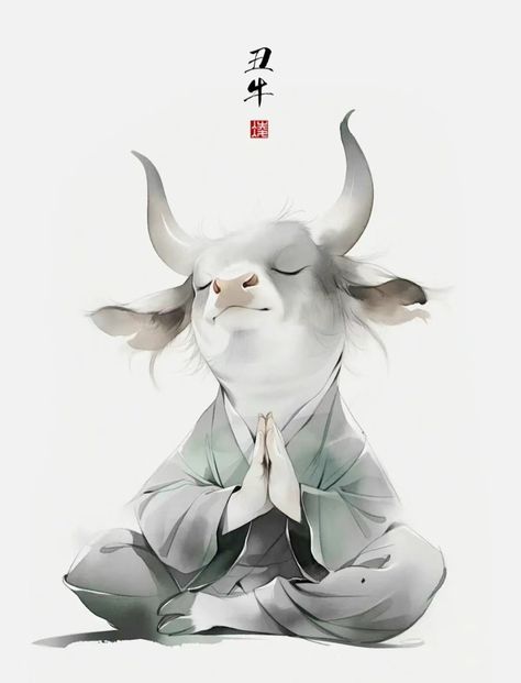 Ox Zodiac Art, Ox Art, Cute Monsters Drawings, Baby Animal Drawings, Chinese Art Painting, Spirit Animal Art, Whatsapp Wallpaper, Spirited Art, Cute Animal Drawings Kawaii