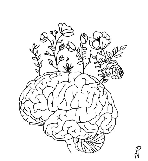 flower brain tattoo #tattooideas #smalltattoos #tattooideasfemale Aesthetic Brain Drawing, Brain Drawing With Flowers, Flower Brain Drawing, Cognitive Psychology Art, Half Brain Tattoo With Flowers, Brain And Flowers Drawing, Brain Outline Drawing, Flowers Growing Drawing, Art Psychology Drawing