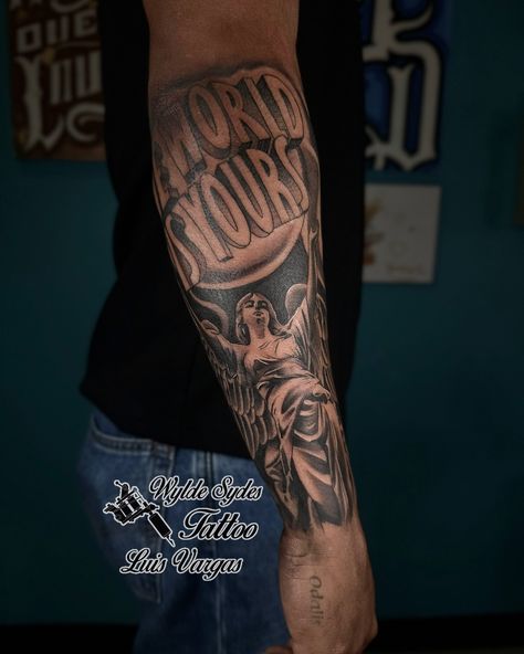 The World is Yours - Scarface Tattoo By: Luis www.wyldesydestattoo.com #tattoo #tattoos #wyldesydestattoo #theworldisyours #blackandgraytattoo #sandiego #sandiegotattooartist The World Is Yours Tattoo Forearm, The World Is Yours Tattoo Scarface, Chalino Sanchez Tattoo, The World Is Yours Tattoo Design, Scarface Tattoo Design, The World Is Yours Scarface, World Is Yours Tattoo, The World Is Yours Tattoo, Scarface Tattoo