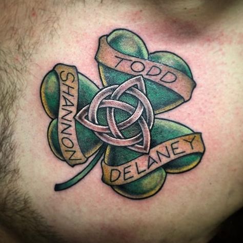 Celtic Shamrock Family Tattoo | Tattoo Ideas and Inspiration Irish Family Tattoos, Irish Quotes Tattoos, Irish Celtic Tattoos, Last Name Tattoos, Irish Tattoo, Shamrock Tattoo, Ireland Tattoo, Shamrock Tattoos, Family Tattoo Designs