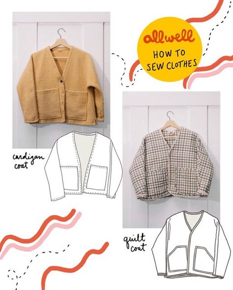 all well workshop on Instagram: "The Cardigan Coat, included in our book HOW TO SEW CLOTHES (out soon!, 2/28!) is the ultimate versatile layer to make a dozen different ways. This pattern is like a template or springboard — a carefully designed base waiting for you to take it and run with it. You can sew it ten different times and produce a totally different garment each time, and you can hack it nearly effortlessly just by following a scrap of an idea or letting the fabric take the lead. We lov How To Sew Clothes, To Sew Clothes, Pre Quilted Fabric, Coat Pattern Sewing, Quilt Coat, Estilo Hippy, Fleece Cardigan, Upcycle Sewing, Perfect Coat