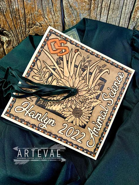 Leather Grad Cap Ideas, Leather Graduation Cap Designs, Tooled Leather Grad Cap, Leather Tooled Graduation Cap, Leather Graduation Cap Ideas, Western Grad Caps, Leather Grad Cap, Leather Graduation Cap, Senior Caps