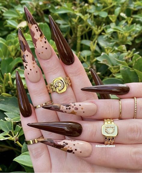 Long Brown Nails With Rhinestones, November Stilleto Nails, Fall Nail Designs Stiletto Shape, Brown Stilleto Nails Designs, Brown Nails Stiletto, Stiletto Nails Brown, Fall Stilleto Nail Ideas, Fall Nails Stilleto Shape, Coffin Brown Nails