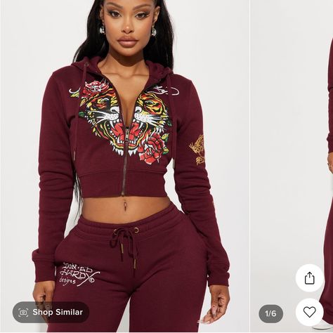 - Never Been Worn ; Only Tried On - Soft And Stretchy Material - Too Small For Me Ed Hardy Outfit, Burgundy Hoodie, Burgundy Fashion, Wide Leg Pant, Baddie Outfits Casual, Cute Simple Outfits, Ed Hardy, Graphic Tees Women, Colorful Hoodies