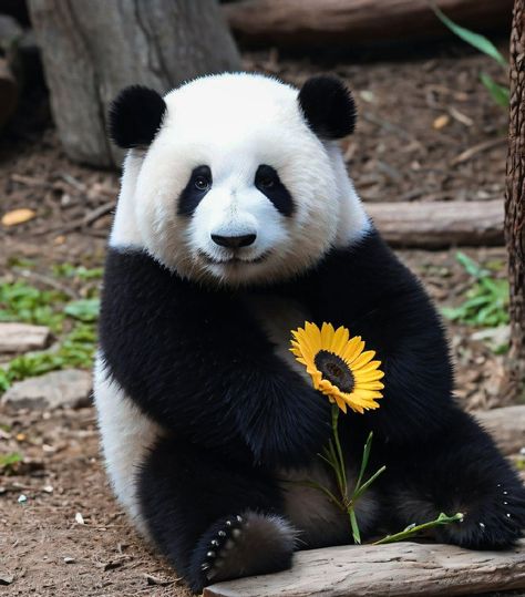 Panda With Sunflower, Panda Cute Aesthetic, Panda Dp, Panda Sunflower, Panda Photo, Baby Panda Bears, Baby Polar Bears, Cute Small Animals, Butterfly Photos