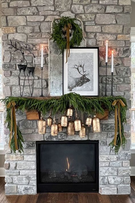 fireplace Christmas decor Christmas Fireplace Decorations, Rustic Christmas Mantel, Fireplace Decorations, Tall Fireplace, Christmas Mantel Decor, Fireplace Garland, Fireplace Christmas, Stone Mantel, Winter Deer