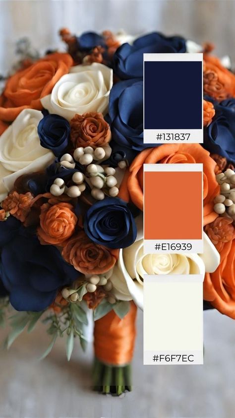 Wedding Schemes Colour Palettes Summer, Burnt Orange Navy Wedding, Wedding Colors With Orange, Navy And Orange Wedding Cake, Royal Blue And Burnt Orange Wedding, Fairytale Palette, Orange And Blue Wedding Colors, Navy Blue And Orange Wedding, Navy And Orange Wedding