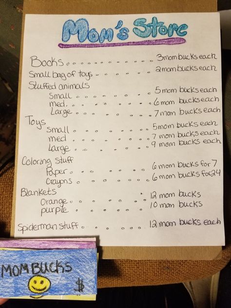 Like all parents I have been experiencing a hiccup in my child's listening. I removed everything from her room but her clothes, bed and bedding. Monday she will receive 12 Mom Bucks. When she doesn't listen she pays me a mom buck ever time. When she listens and follows directions she will earn them back. Sunday she has the opportunity to spend however many mom bucks she has left in Mom's Store. This will not only teach her to listen by consequences and reward but also teach her about money. Moms Token Store, Mom Bucks Rewards, Mom Bucks Reward System, Diy Chore Chart Kids, Mom Bucks, Home Behavior Charts, Daily Routine Kids, Reward Ideas, Reward System For Kids
